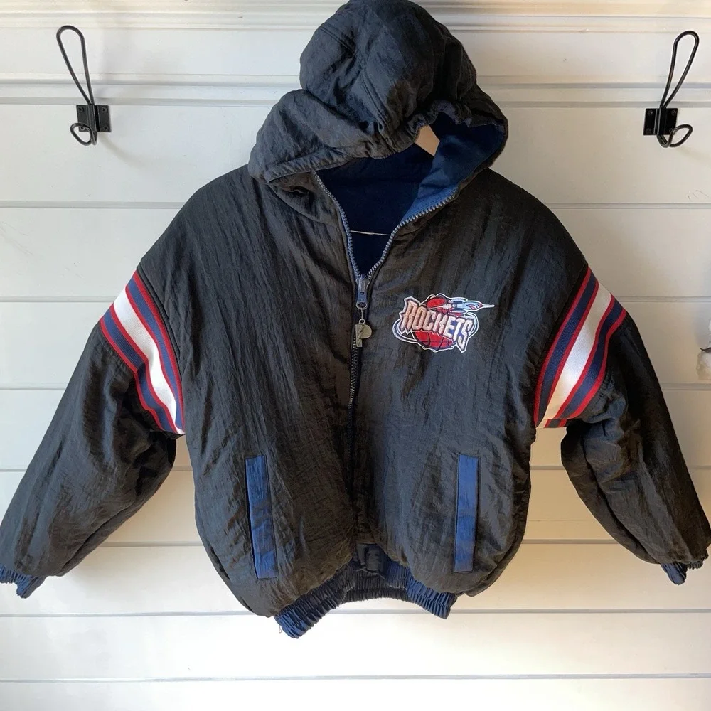 Vintage Pro Player Houston Rockets Puffer Jacket Full Zip Reversible Sz YL 14-16